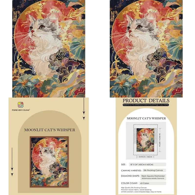 Forever Young 5D DIY Diamond Painting Kit Moonlit Cats Whisper Full Square Design with AB for Adults Art Crafts 45cm X