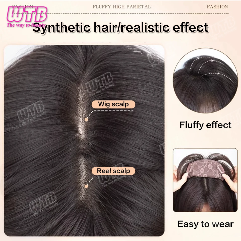 WTB Wig sintetis hiasan rambut palsu, bagian tengah dengan jepit poni, ekstensi poni dalam, rambut palsu tidak terlihat Natural untuk wanita