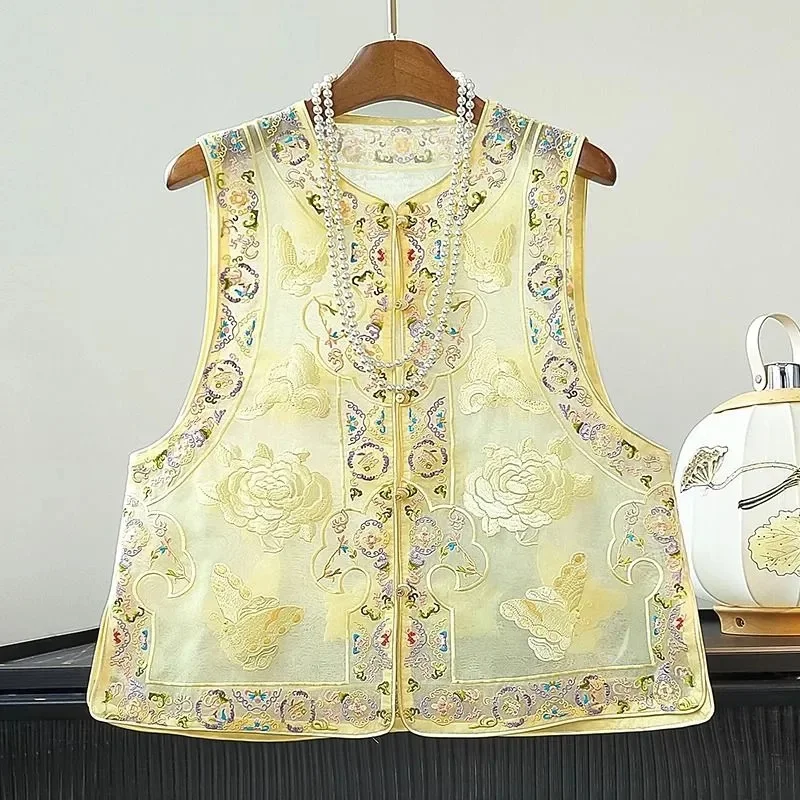 

Женский жилет желтого цвета в стиле ретро с вышивкой из шелковой пряжи, без рукавов, с круглым вырезом, элегантный жилет-жакет
