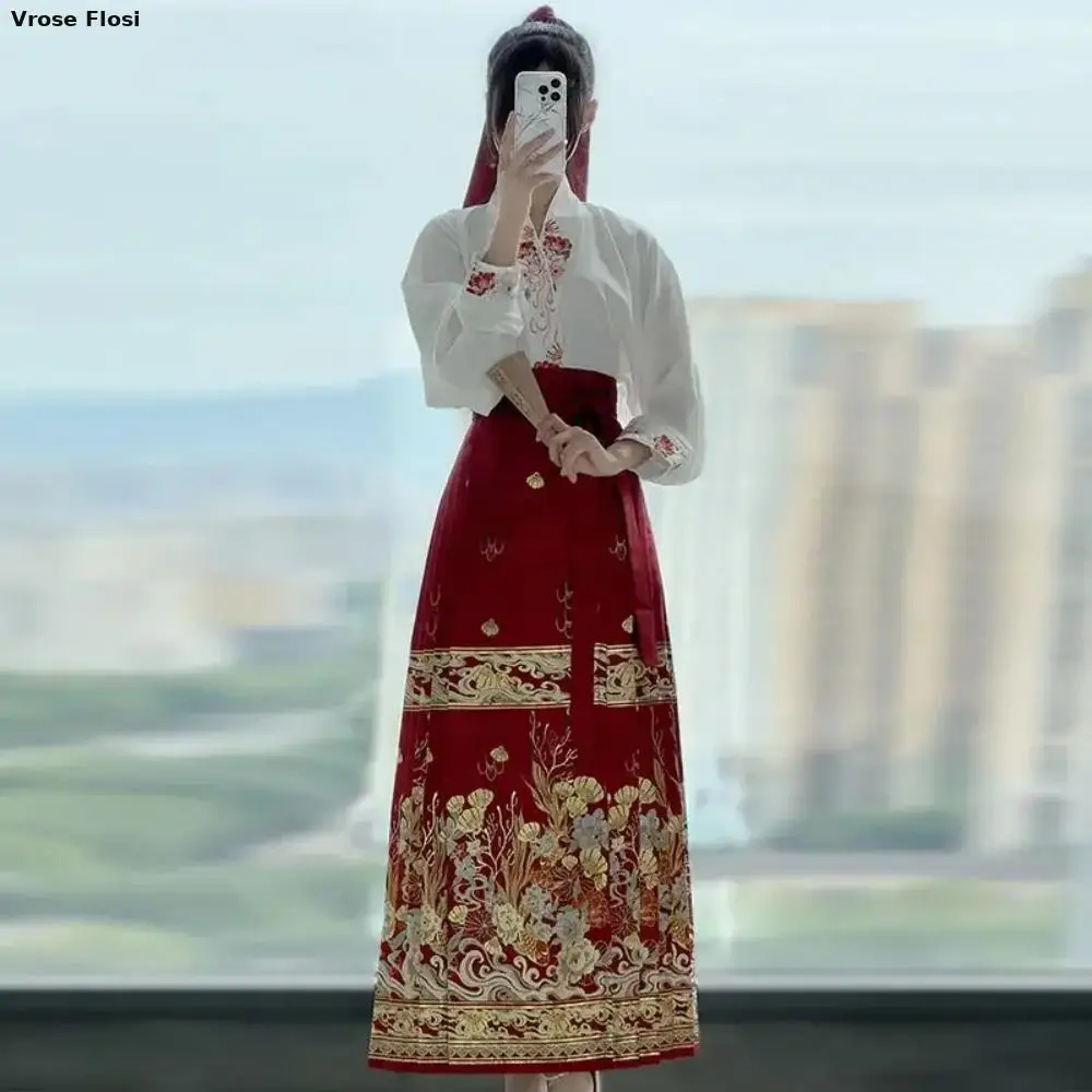 new-traditional-chinese-modern-hanfu-women-horse-face-skirt-vest-mamianqun-embroidery-top-horse-face-skirt-two-piece-set-2024