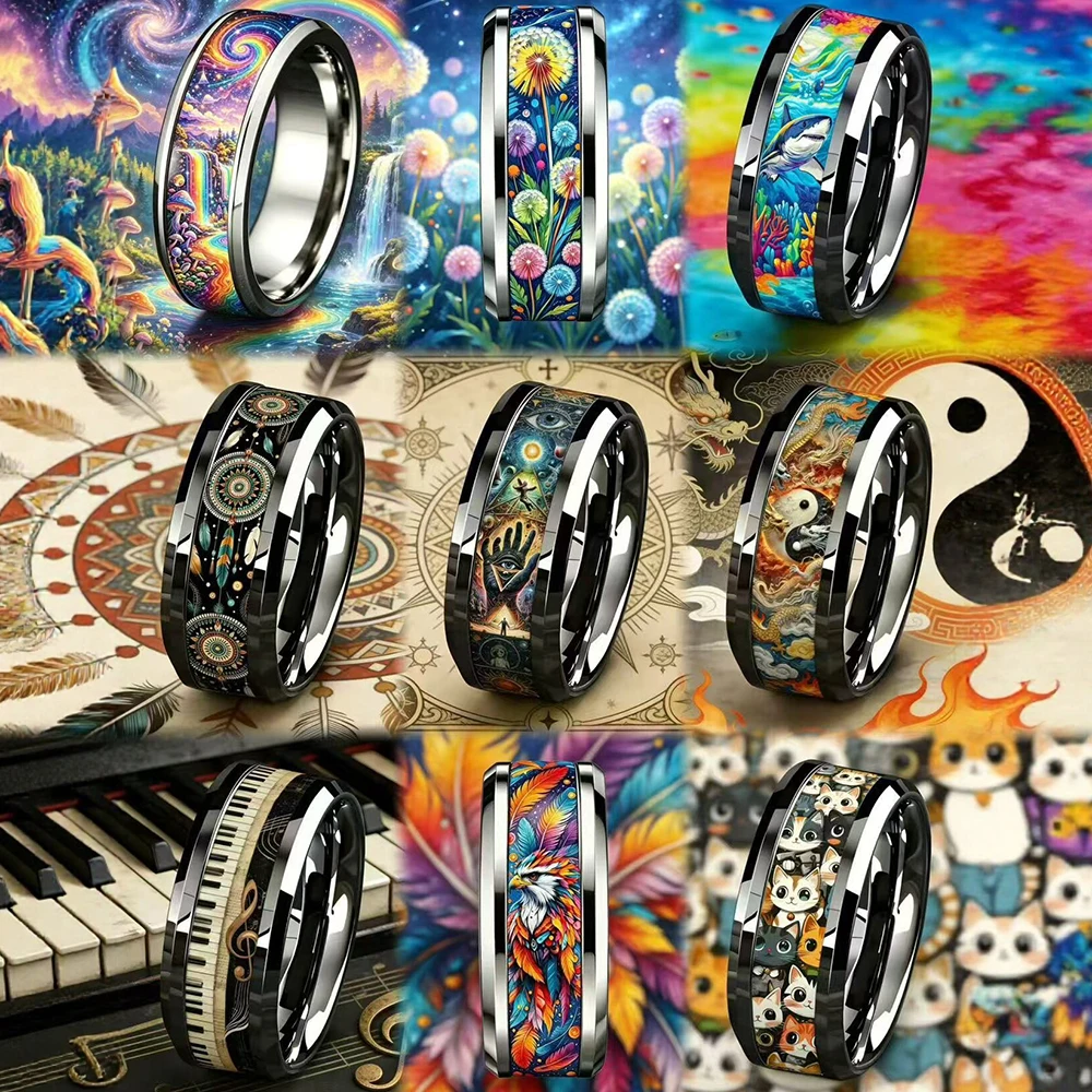 8mm Black Stainless Steel Ring for Men Women Colorful Art Pattern Inlaid Band Ring Animal Music Print Wedding Band Jewelry Gift