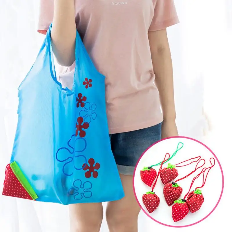 Strawberry Shopping Bag Eco-Friendly Foldable Polyester Hand Bag Grocery Bags Shoulder Reusable Shopper Canvas Bags Pocket Totes