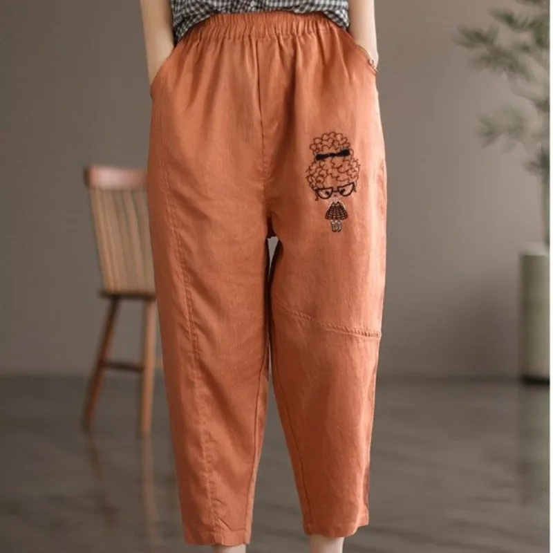 Calça retrô de emenda feminina, indústria pesada, bordado, cintura elástica, moda bolso, monocromática, halen reto solto, verão, 2024