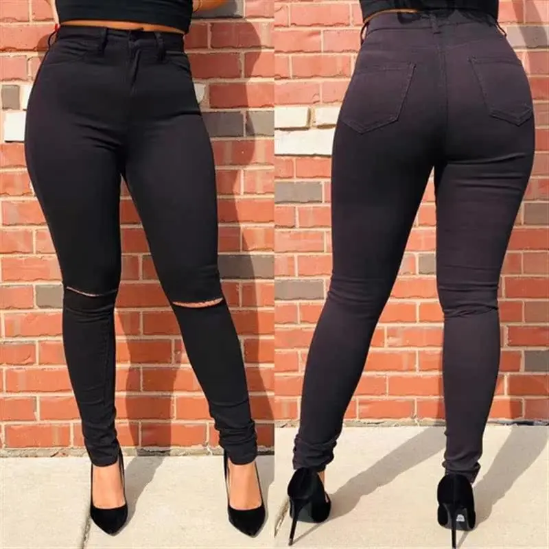 High Waist Women's Skinny Denim Jeans Pencil Pants Hole Punching Elasticity Cross-Border New Arrival for Ladies Black