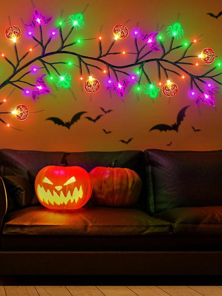 Luz de vid de sauce de Halloween de 6 pies y 54 LED con araña, murciélago, calabaza, 8 modos, funciona con pilas para interior, hogar, chimenea, ventana, pared