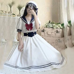 Preppy Sweet Woman Dress Chic Sailor Collar Puff Sleeve Vestidos Female Robe Lolita Dress Summer Cute Women's Dresses
