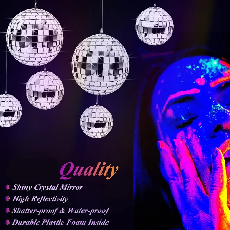 TKOH-24 Pcs Mirror Disco Ball Hanging, Glass Disco Ball Decor, Silver Disco Decorations, Disco Ball Ornament With Rope