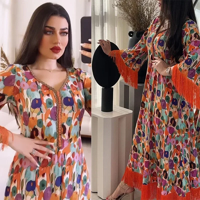 Print Casual Jalabiya Fashion Women Dress Women Muslim Dress 2023 New Fashion Long Sleeve Maxi Dress Female Casual Muslim Abays