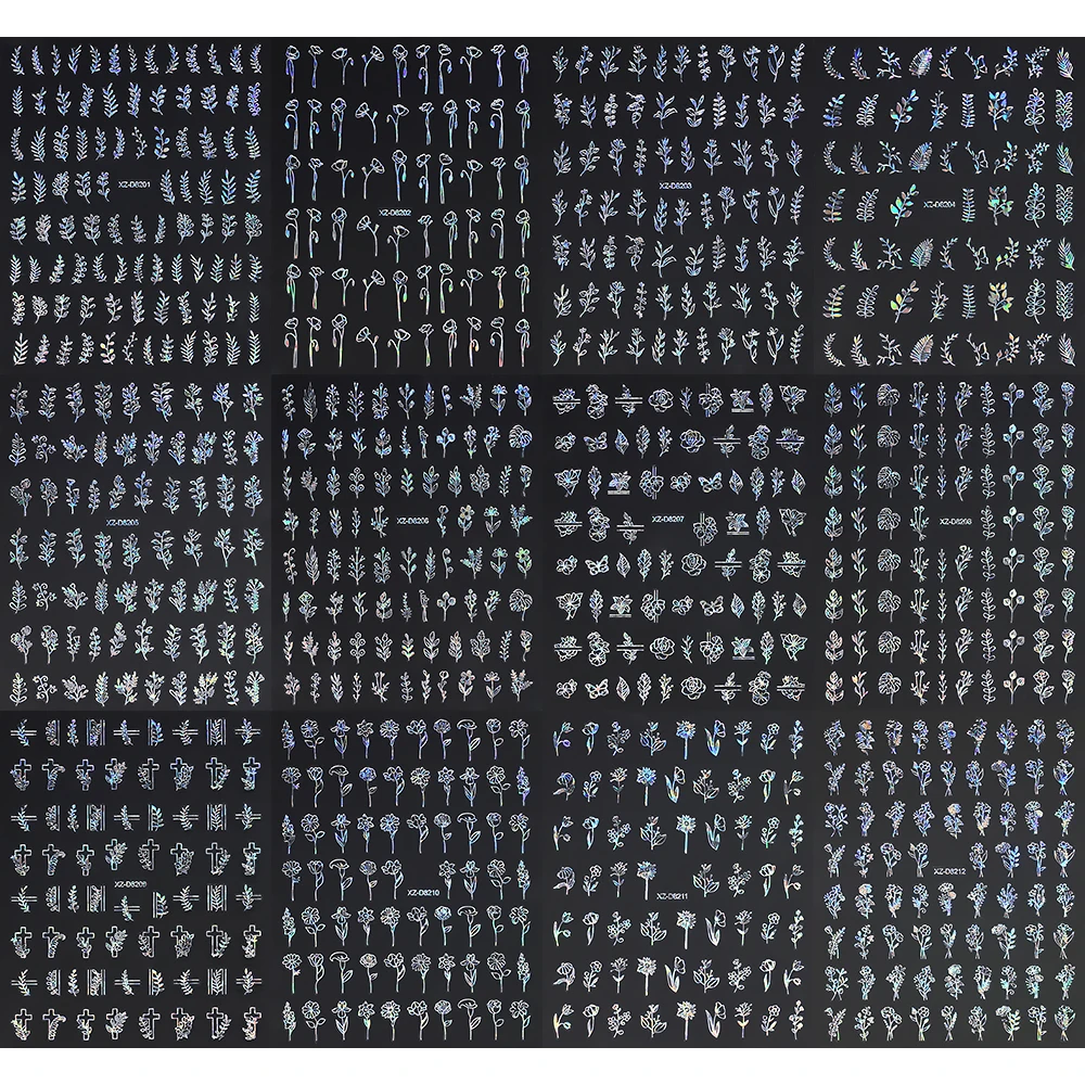 12 Uds. De pegatinas 3D láser para uñas con hojas plateadas y flores, deslizadores adhesivos florales con hojas metálicas, calcomanías de línea rosa para decoración de uñas