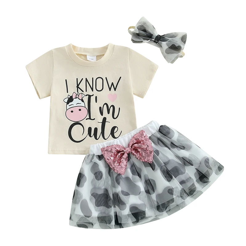 Toddler Girl Summer Outfit Letter Cow Print Short Sleeve T-Shirt with Tulle Skirt and Bow Headband 3 Pcs Set