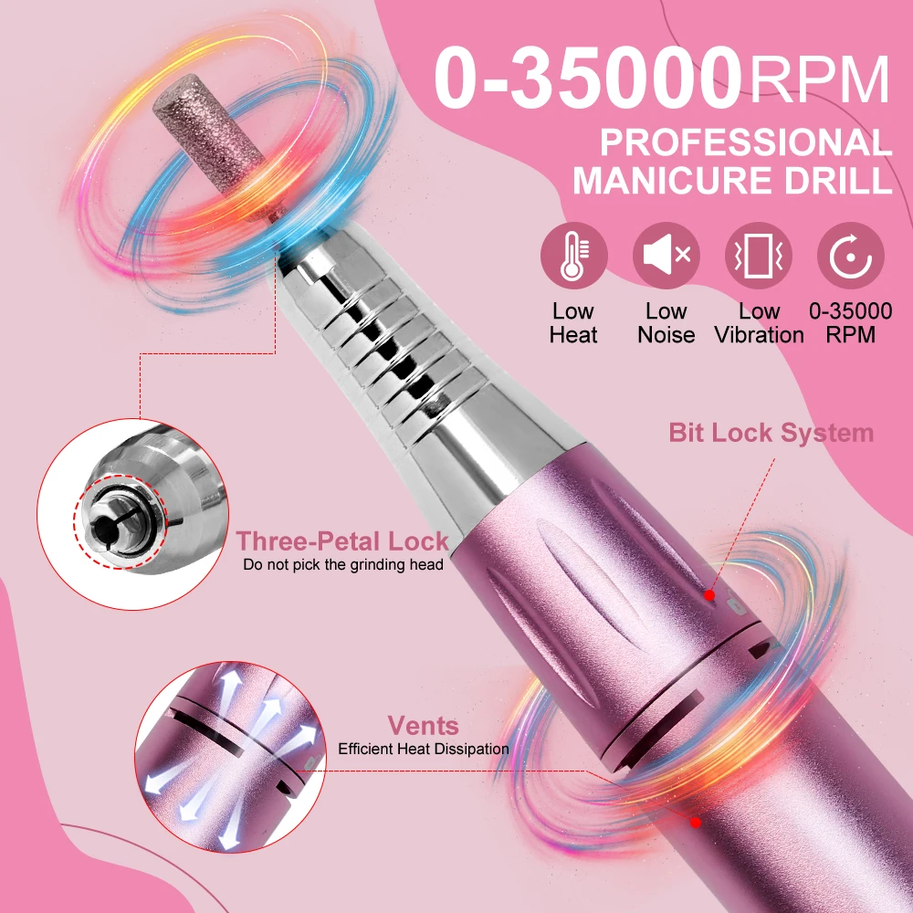 Professional 35000RPM Electric Nail Drill Rechargeable Electric Portable Nail Sander File Low Noise with Polishing Kit Tool