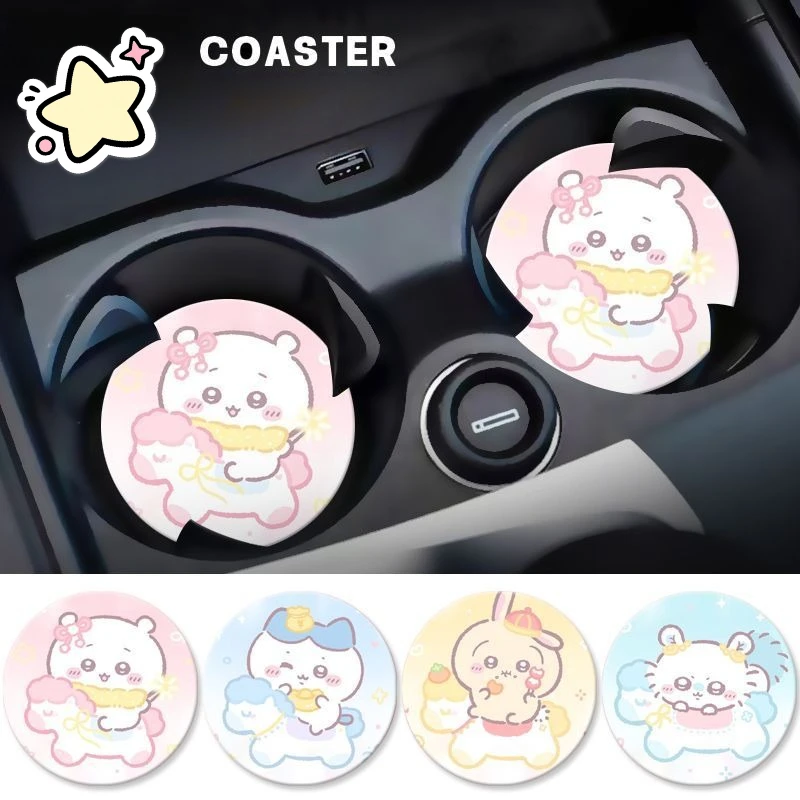 Anime Chiikawa Usagi Car Cup Holder Mat PU Material Thick Non Slip Waterproof Heat Insulation Wear Resistant Car Interior Decor