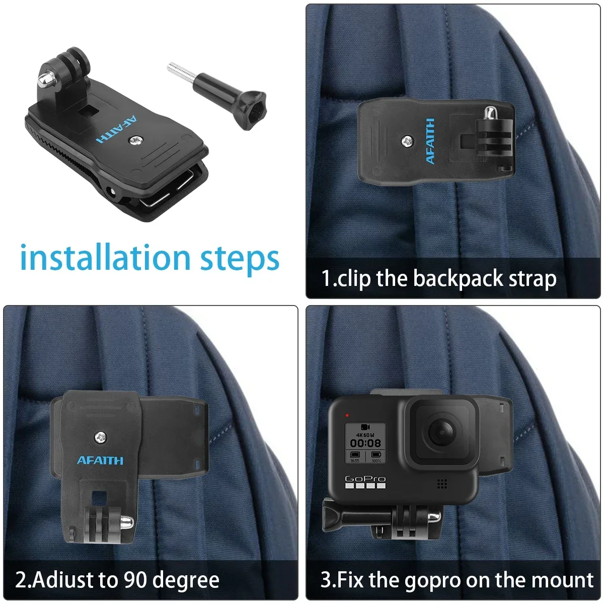 Afaith 360 도 회전 배낭 클립, 고프로 히어로 13 12 11 10 9 8 DJI OSMO 액션 5 4 3 Insta360 모자 벨트 배낭 클램프