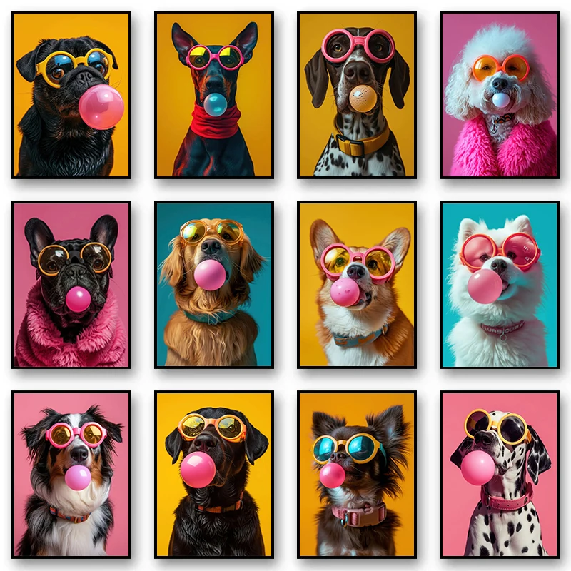 Animals Funny Prints Dog Colorful Bubblegum Sunglasses Poster Samoyed French Bulldog Canvas Painting Wall Art Picture Home De