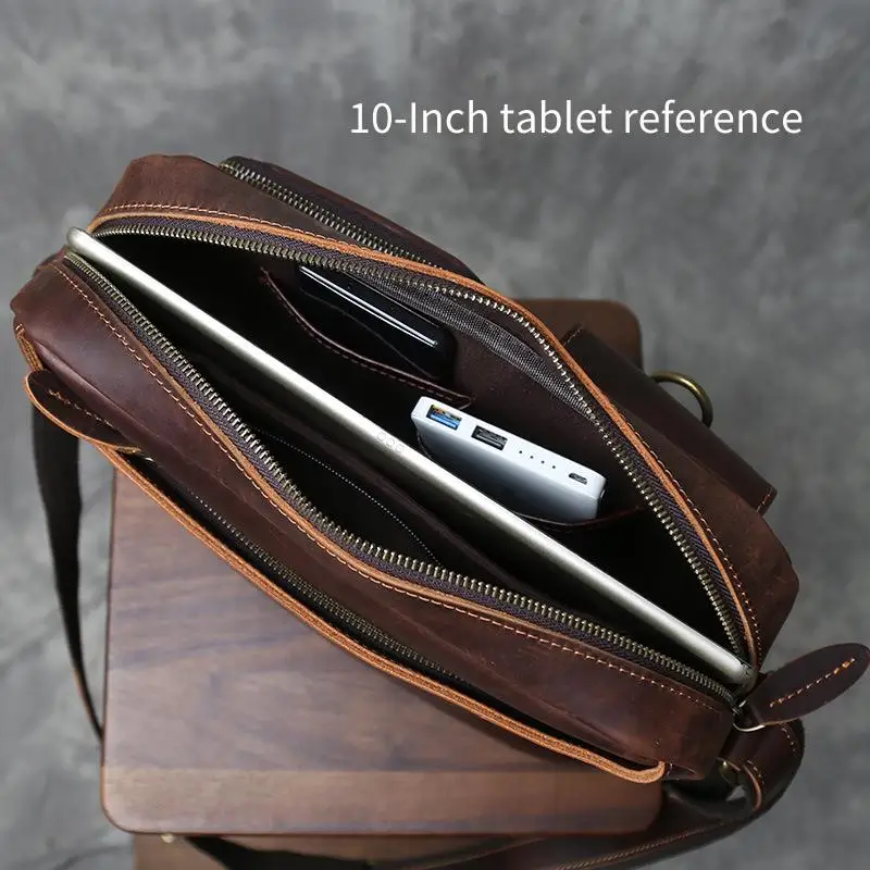 Vintage Crazy Horse Leather Messenger Bag  Retro Top Grain Cowhide Crossbody Satchel, Large Capacity Genuine Leather Anti-Theft