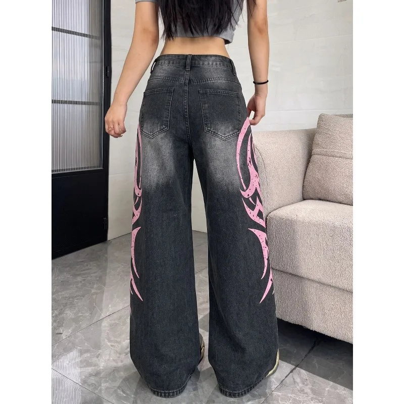 Autumn Winter New Retro Y2K Distressed Crinkled Club Denim Trousers Fashion Women Curved Jeans Casual Loose Wide Leg Trendy Pant