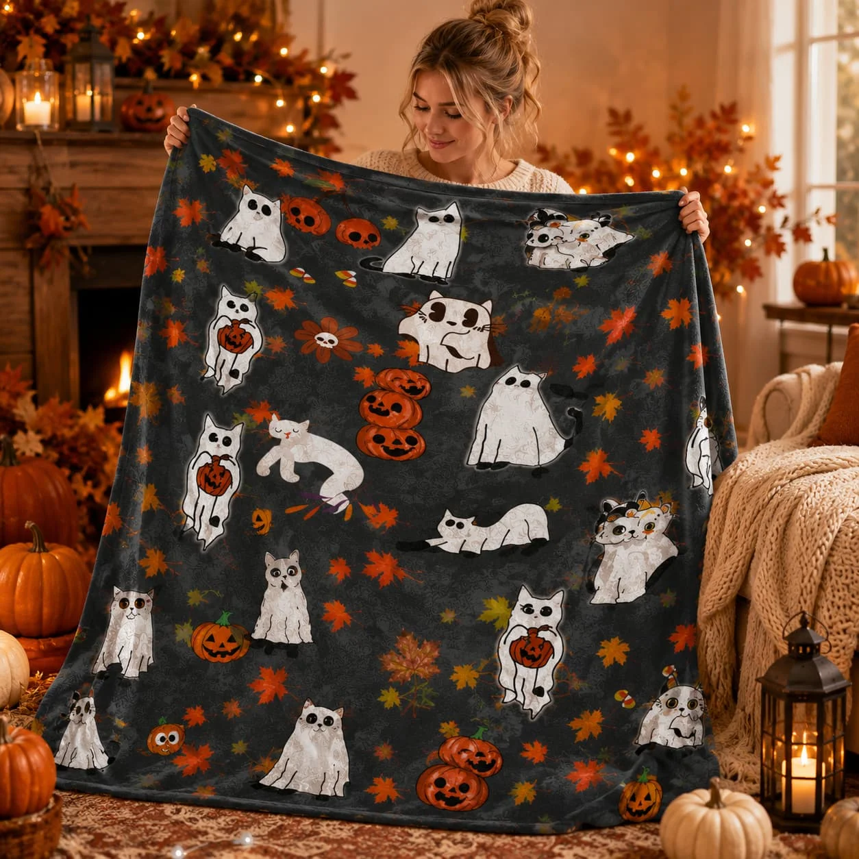 Halloween Cats Blanket Cute Ghost Cats Throw Blanket Spooky Halloween Kitties Housewarming Gift First  halloween baby blanket