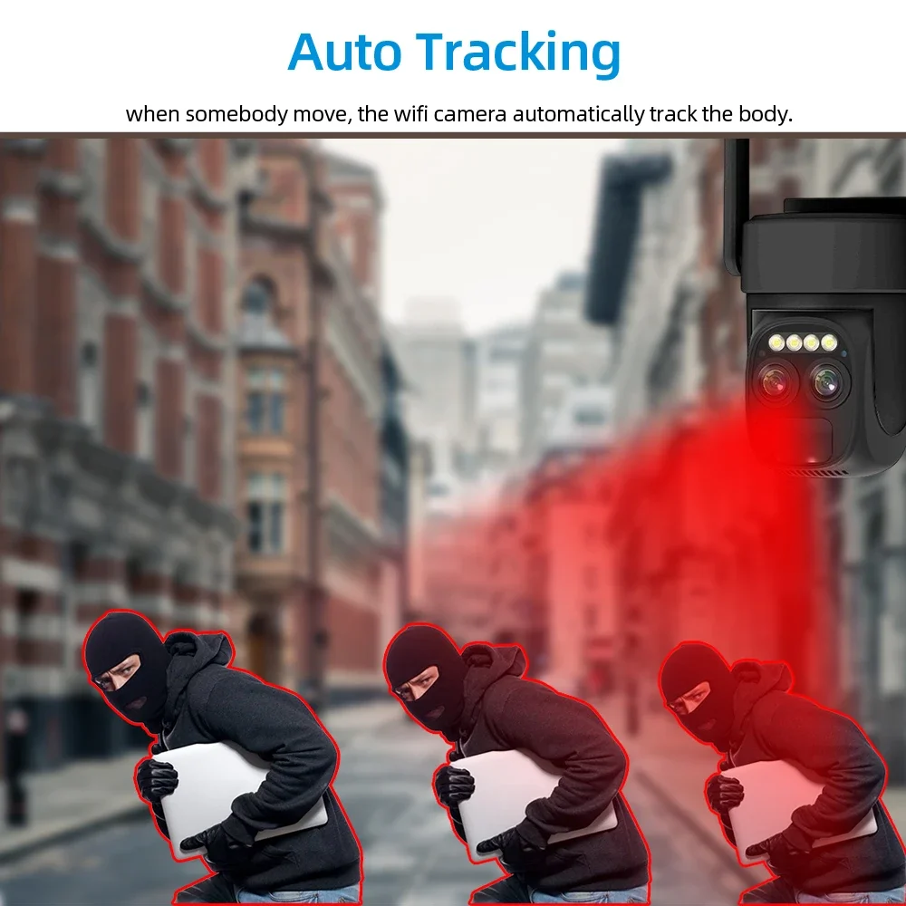 Outdoor 4K 8MP Solar WiFi IP Security Camera featuring Dual Lens, 10X Zoom, Auto Tracking, and Battery-Powered Wireless CCTV