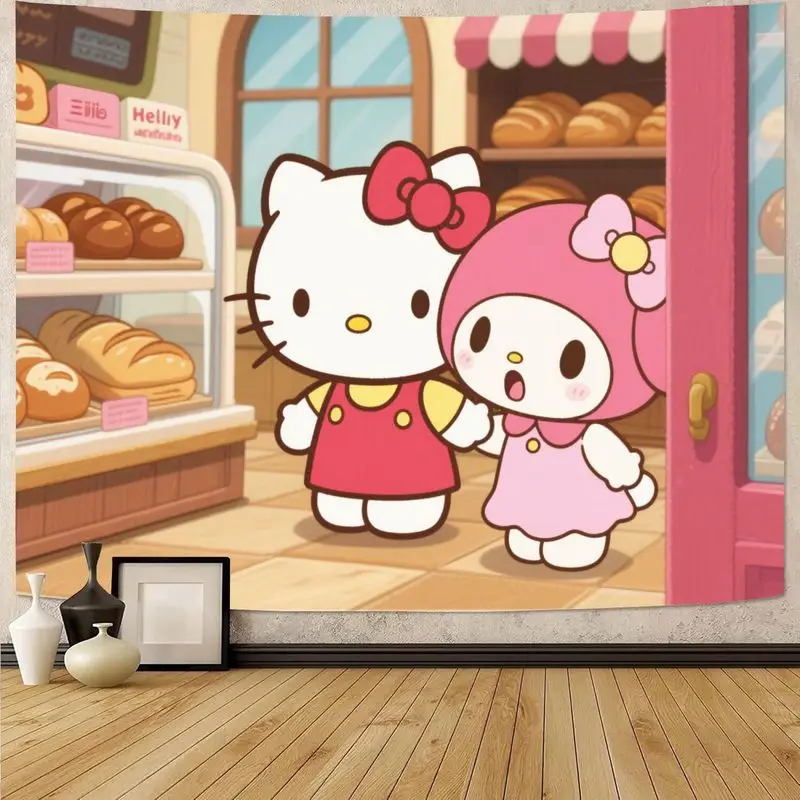 

Sanrio Hello Kitty My Melody Bakery Гобелен, кавайный розовый мультяшный настенный художественный декор, подарок из полиэстера для детей, девочек, спальни, гостиной R