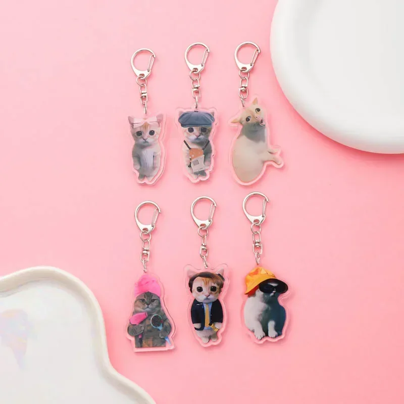 Super Cute Interesting Cat Emoticon Acrylic keychain accessaries Cartoon Emoji Bag Pendant Charm Funny Keyring Friends Fans Gift