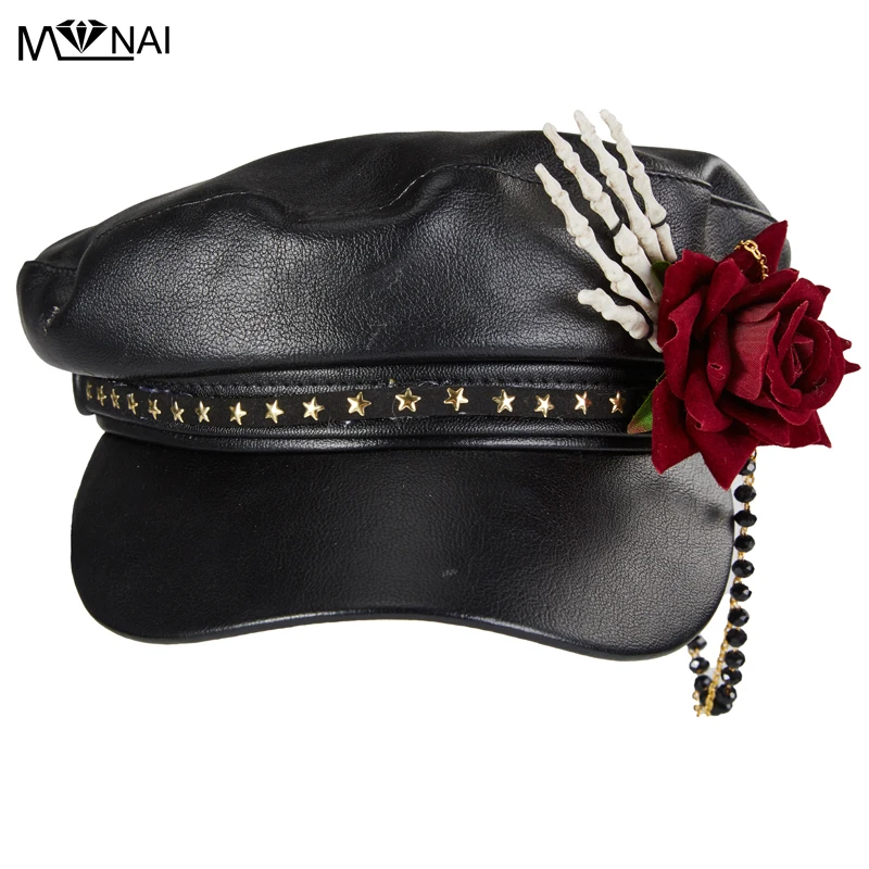 

Шапка-скелет в стиле стимпанк с вышитыми бисером цепочками, берет в готическом стиле с розами