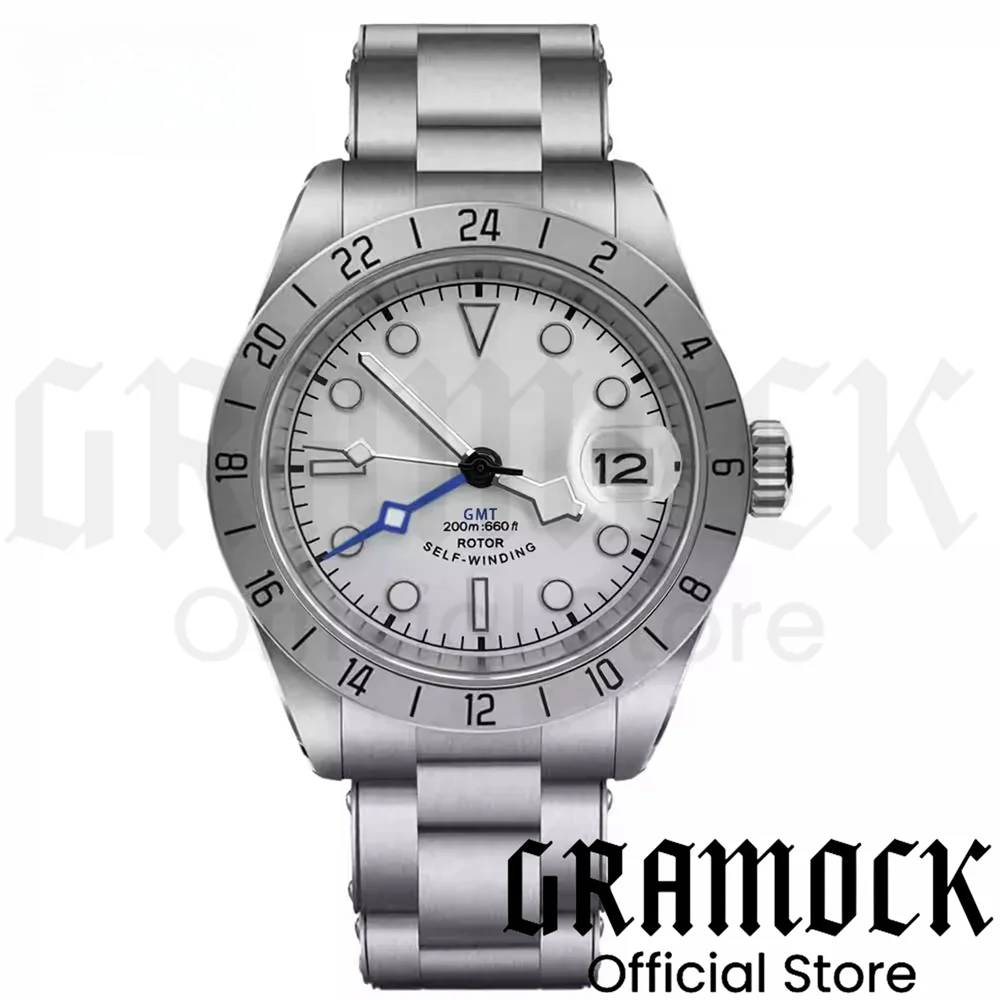 Gramock Vintage NH34 GMT Watch 39mm Stainless Steel Dual Time Zone Fixed Bezel Sapphire Glass Black White Dial Snowflake Hands