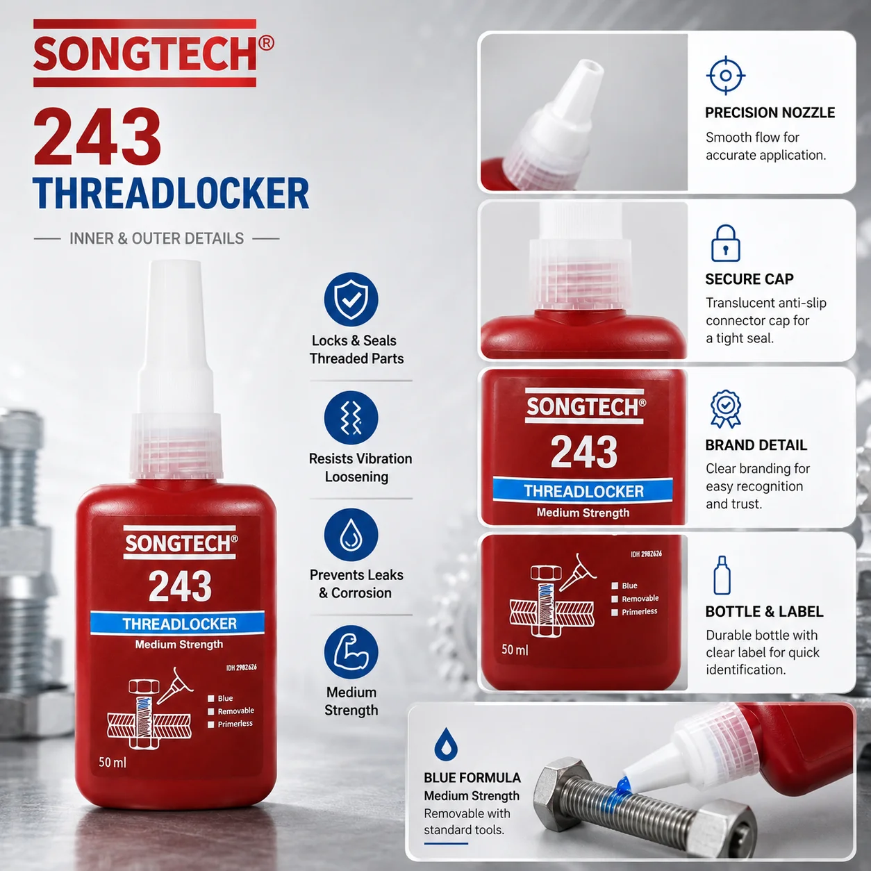 SONGTECH 243 Threadlocker Medium Strength Blue Removable Thread Lock Adhesive for Bolts Nuts Mechanical Assembly 50ml