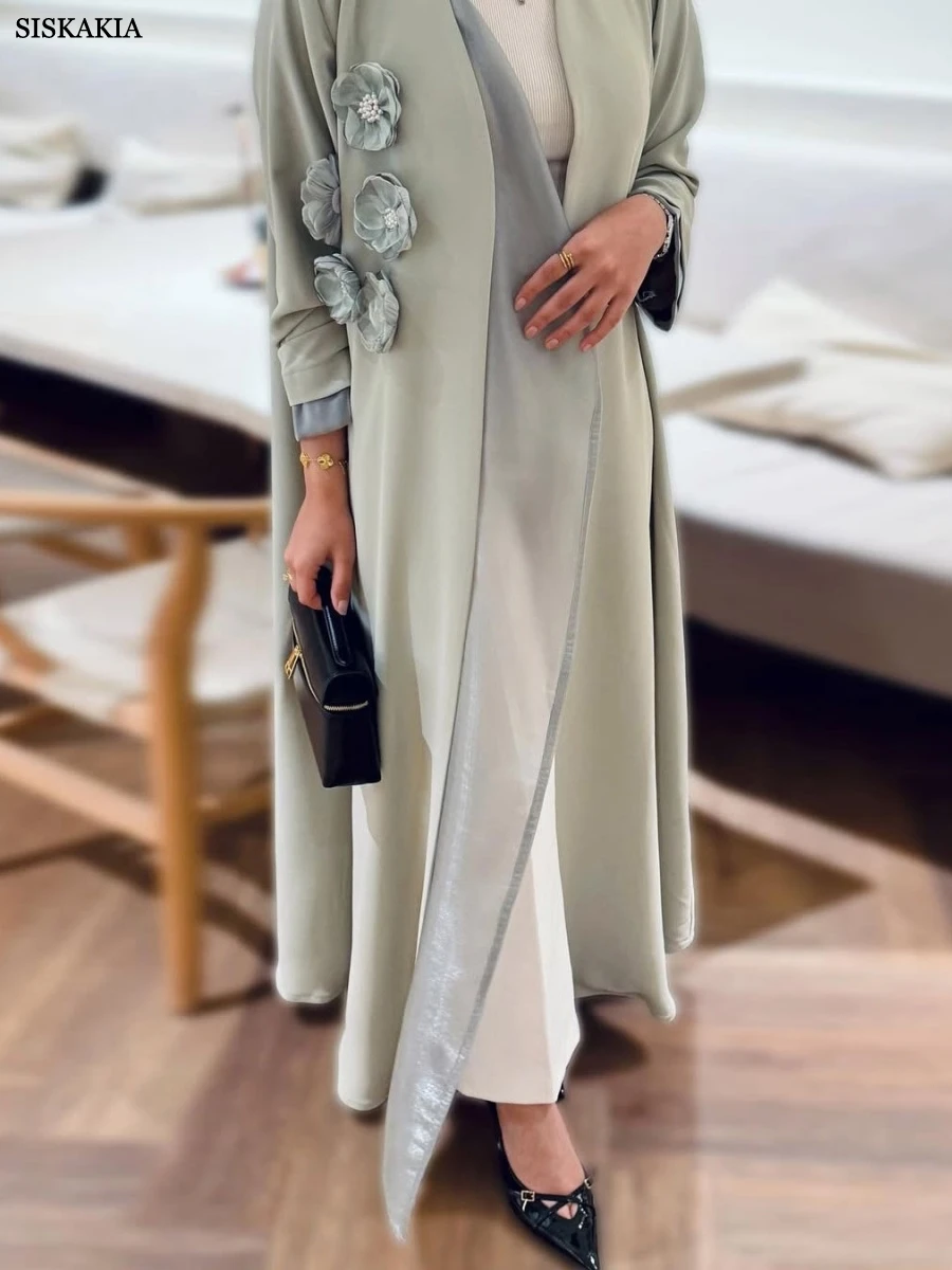 Siskakia musulman élégant Patch conceptions femmes ouvert Abaya dubaï solide perles Cardigan col en v caftans