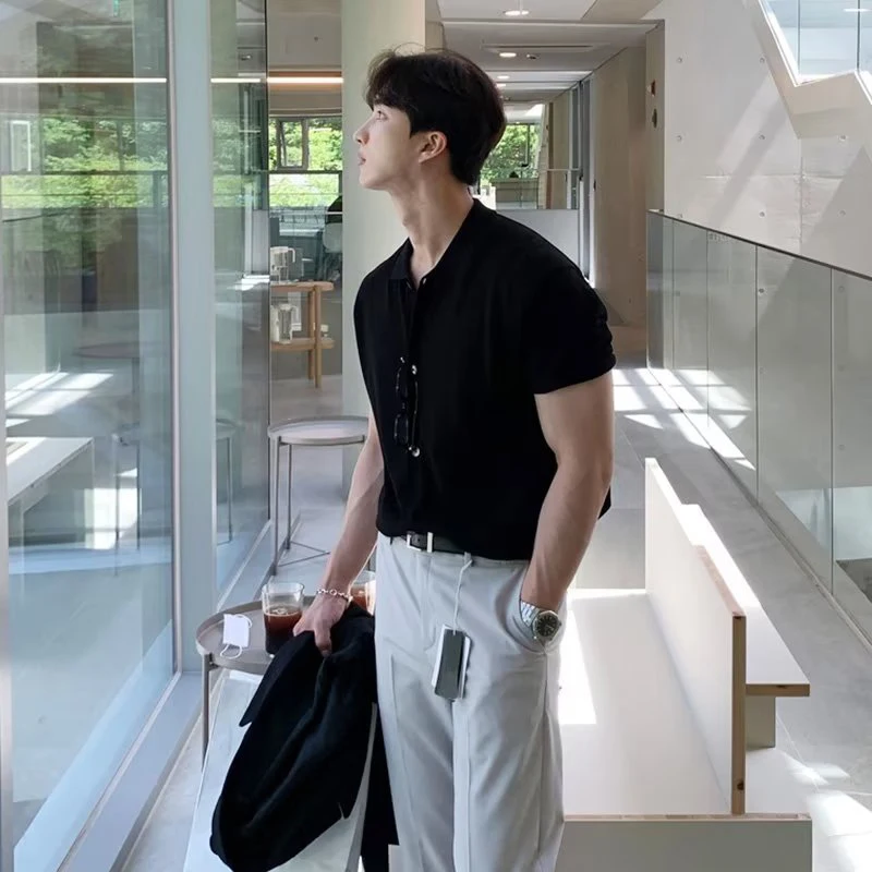 American Style Knitted  Shirt Men's Tight Fit Elastic Thread Cardigan Silk Cotton Modal Skin-friendly Short Sleeve T-shirt