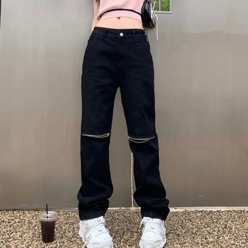 

Women Designer High Waisted Jeans Pants Lady Zipper Ripped Denim Pants Girls Chic Korean Wide Leg Jeans Trousers