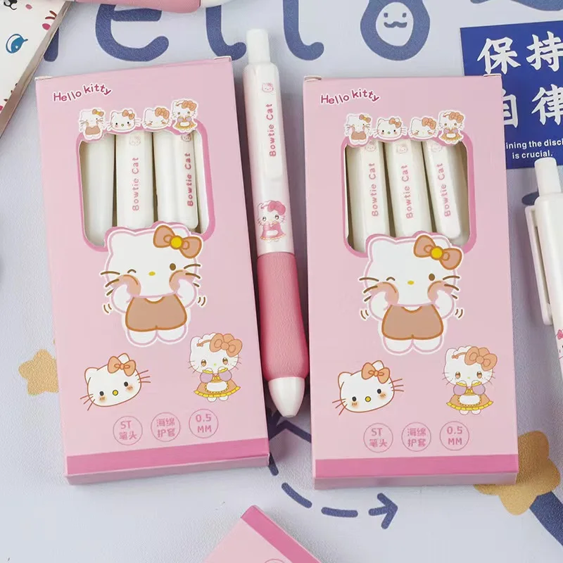 4pcs/set Cute Cartoon Hello Kitty Press Soft-grip Pen Good-looking Quick-dry Black The 0.5mm ST Head Pupil Do Homework Gel Pen