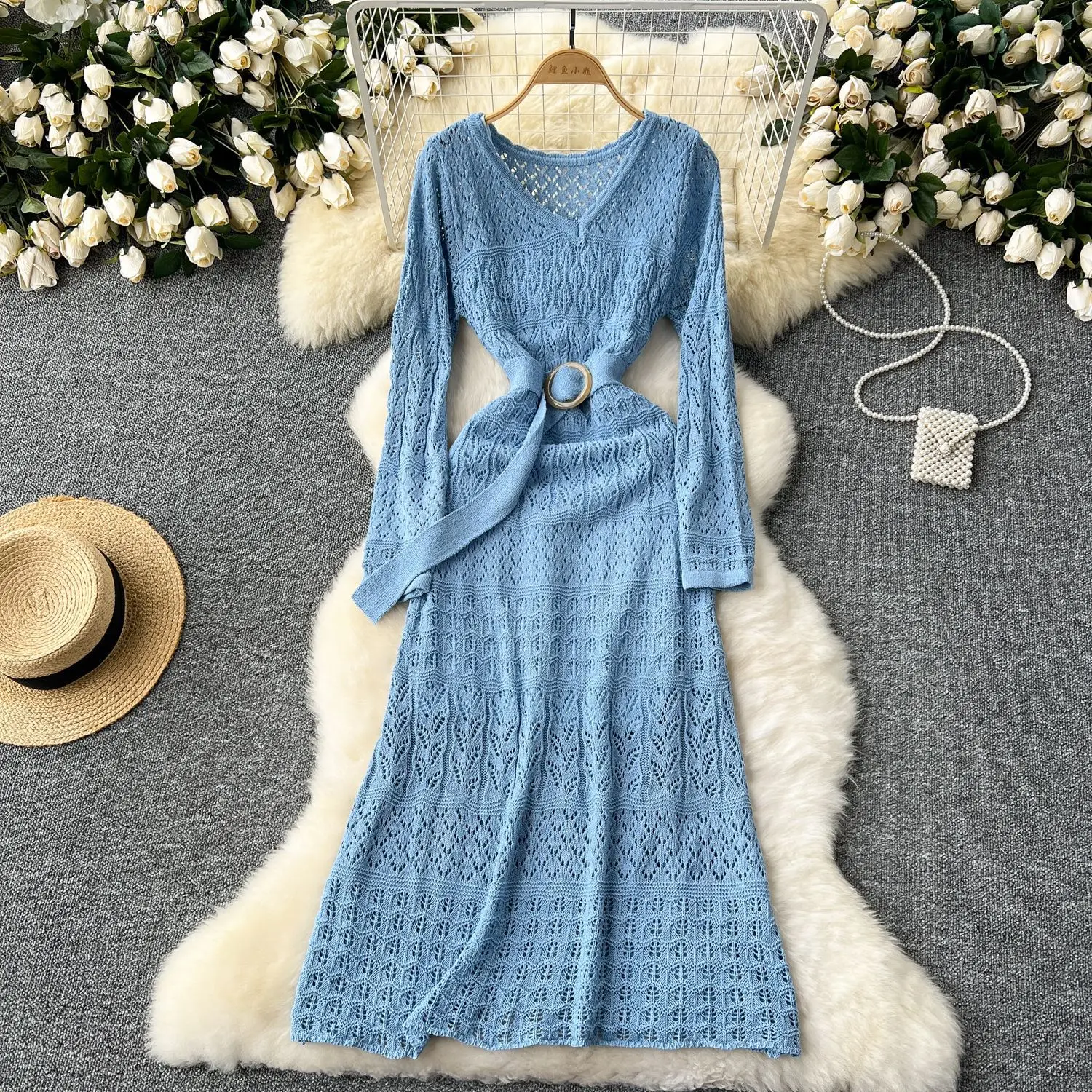 

Hollow Out V-neck Long Dress 2024 New Long Sleeve Slim Vacation Beach Women Dress With Slip Dress Summer Thin Vestidos Robes