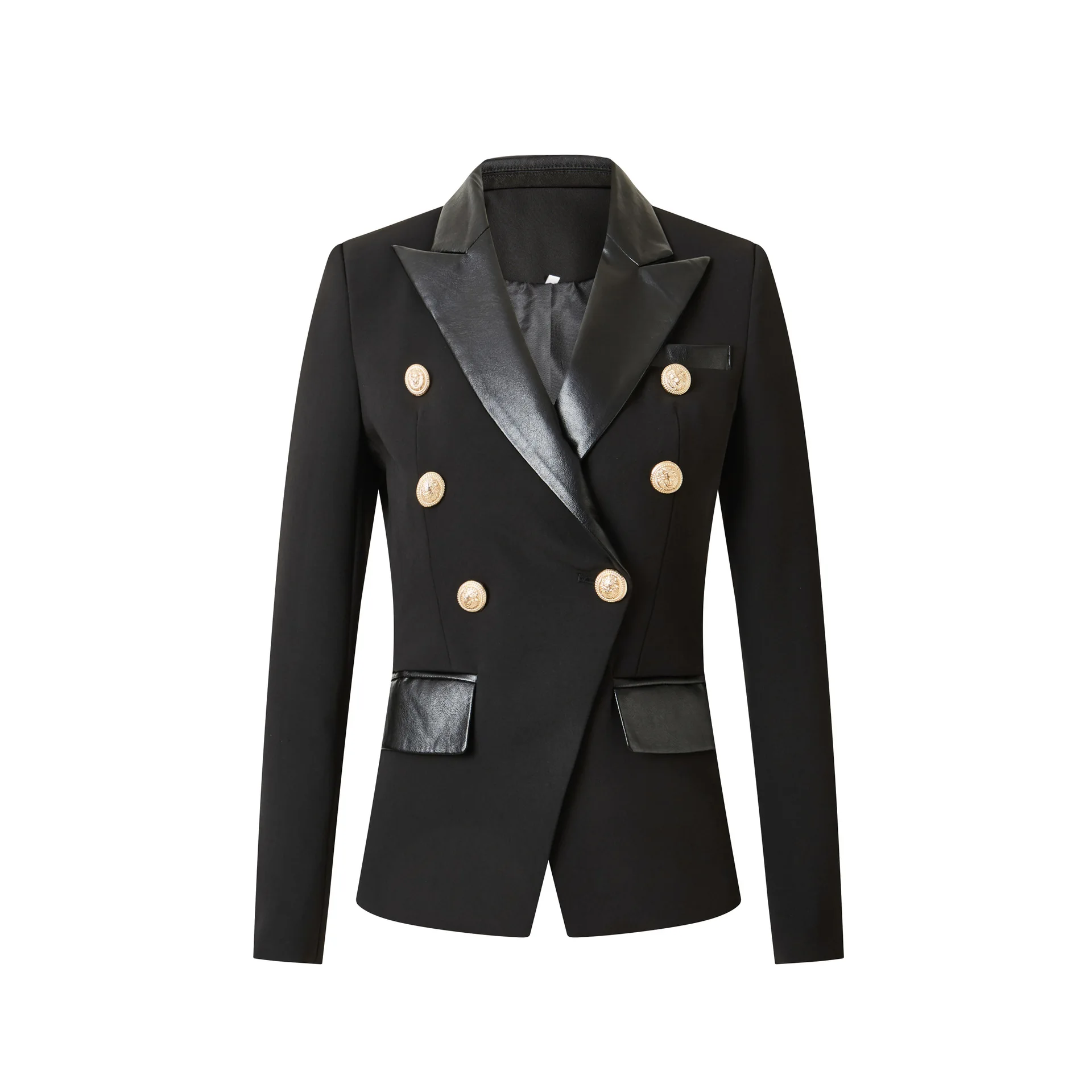 

Двубортный однотонный черный блейзер приталенного кроя с европейско-американским воротником, элегантный деловой блейзер для женщин