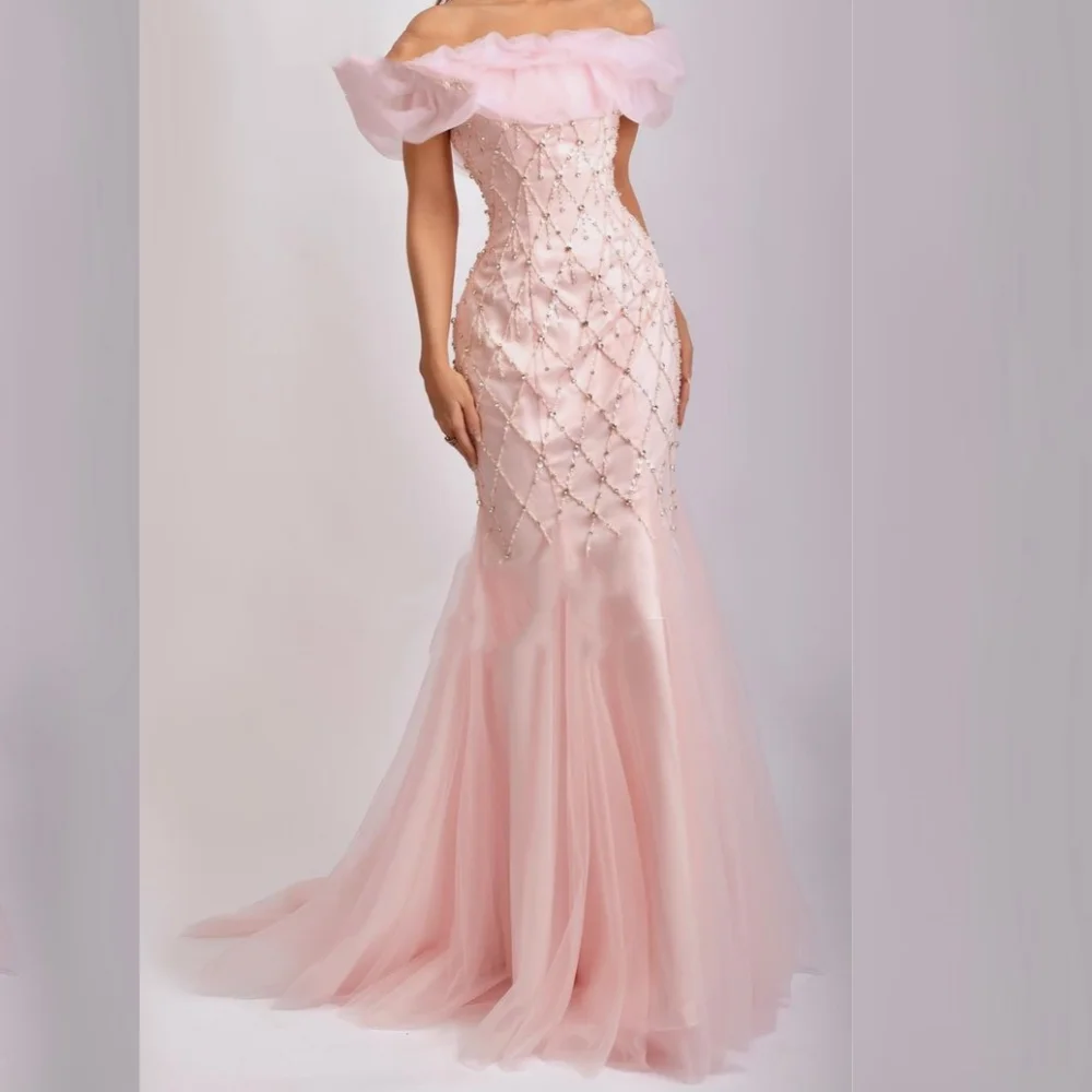 Customized  Evening Tulle Beading Draped Cocktail Party Mermaid Off-the-shoulder Bespoke Occasion Gown Long Dresses Saudi Arabia