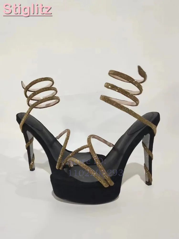 

Crystal Snake Strap High Heels Sandals Rhinestone Peep Toe Platform Slip-on Stiletto Heel 2026 Summer Fashion Party Women Shoes