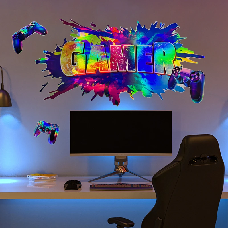Gaming Console Game Zone - สติ๊กเกอร์ติดผนังลายวัสดุเลเซอร์ไล่เฉดสีสำหรับตกแต่งห้องเด็กผู้ชาย ห้องนอนเด็ก โซนเกมเมอร์