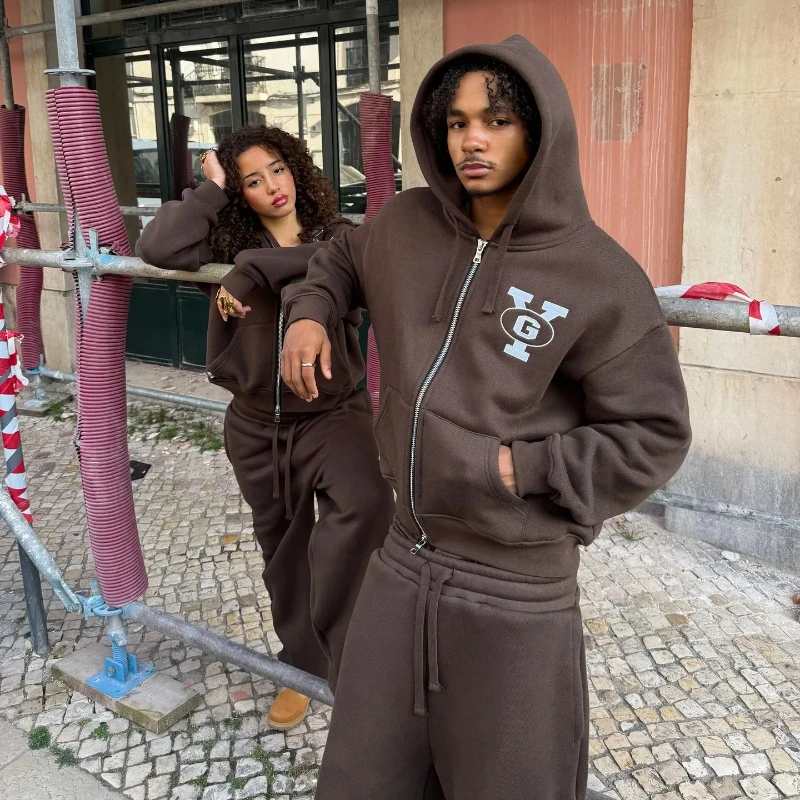 

Осень-зима, уличный пуловер с длинными рукавами, толстовка на молнии с вышивкой букв, прямые свободные спортивные штаны для отдыха, мужские и женские