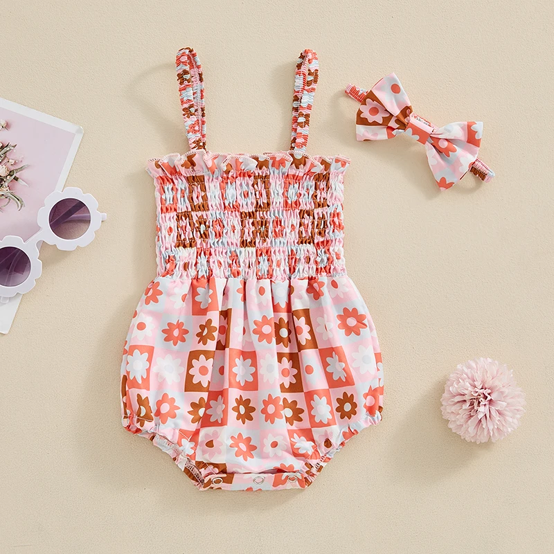 

Newborn Infant Baby Girl Summer Clothes Sleeveless Flower Print Jumpsuit Romper with Headband