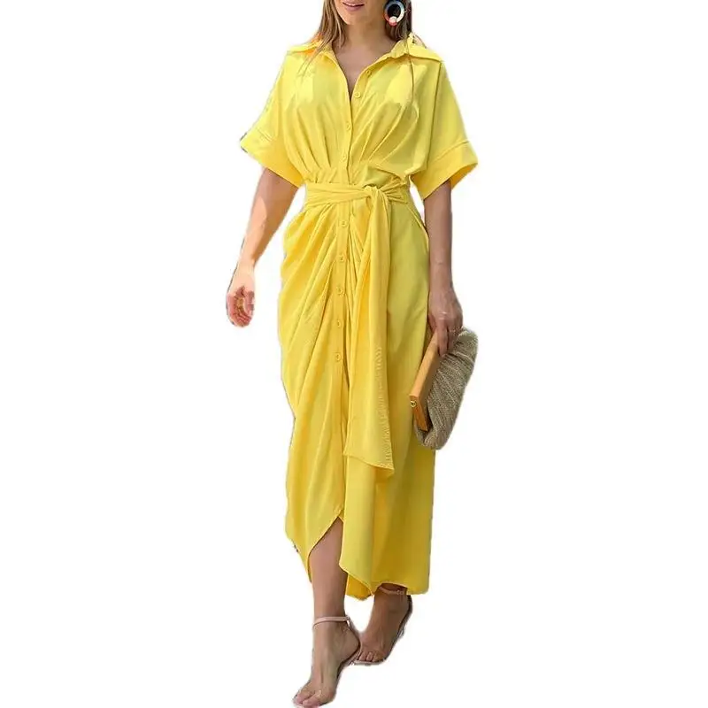 Fashion Design Long Solid Color Skirts Short Sleeve Dress For Women Summer Style Ladies Street Party Style Clothes Large Size