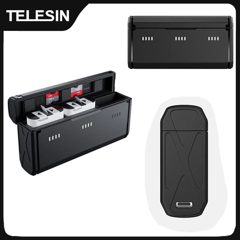 TELESIN Portable Battery Charger For GoPro Hero 12 11 10 9 Battery 3 Slots TF Card Battery Storage Charger Box For Gopro 12