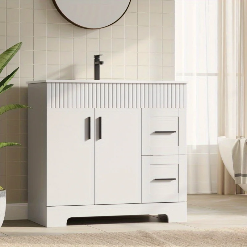 

Туалетный столик EROMMY для ванной комнаты с раковиной и смесителем — отдельно стоящий современный шкаф с керамической столешницей, 2-мя дверцами и ящиками для хранения вещей