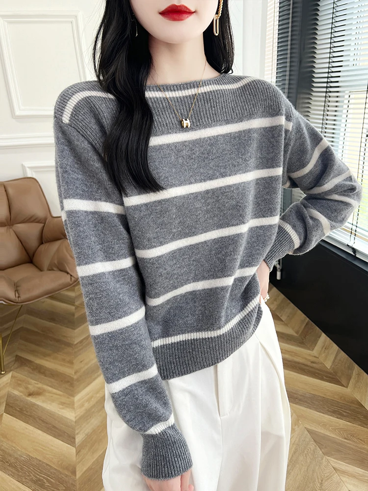 100% Pure Wool Knitted Pullover Women\'s Slash Neck Striped Sweater Fashion Loose Large Size Blouse Autumn Winter New Base Shirt