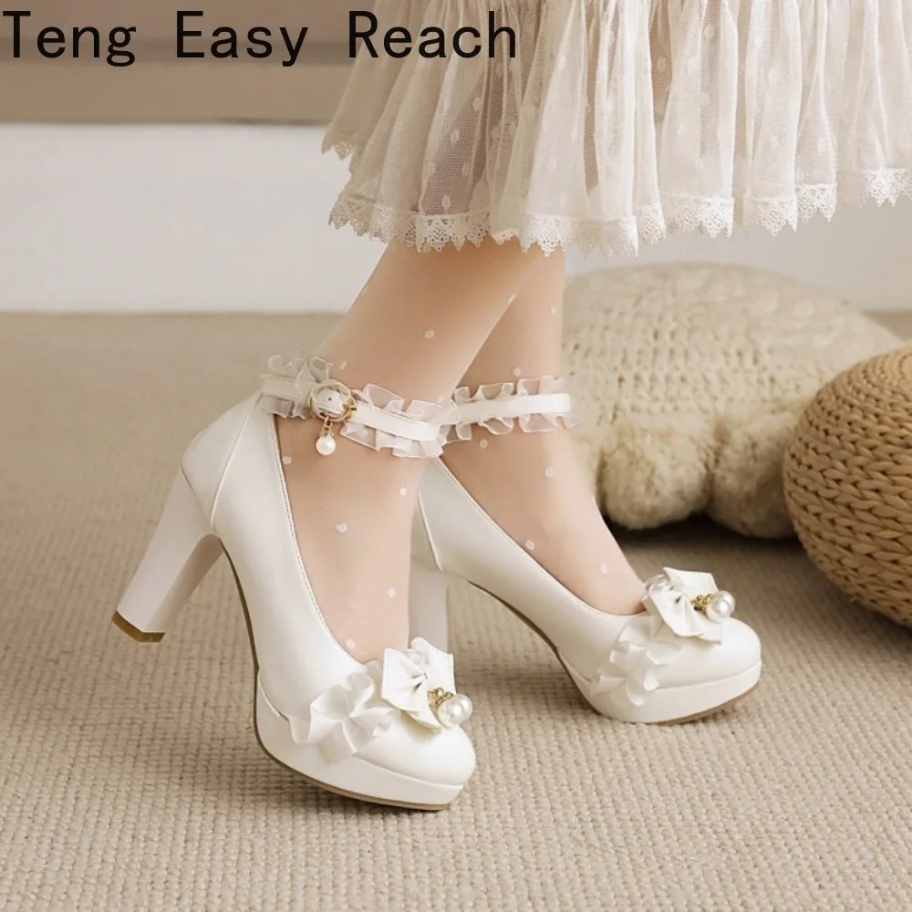 

Summer Ladies Platform High Heels Cute Bow Lace Princess Mary Jane Lolita Shoes Blue Purple Party Dress Pumps Big size 33 43
