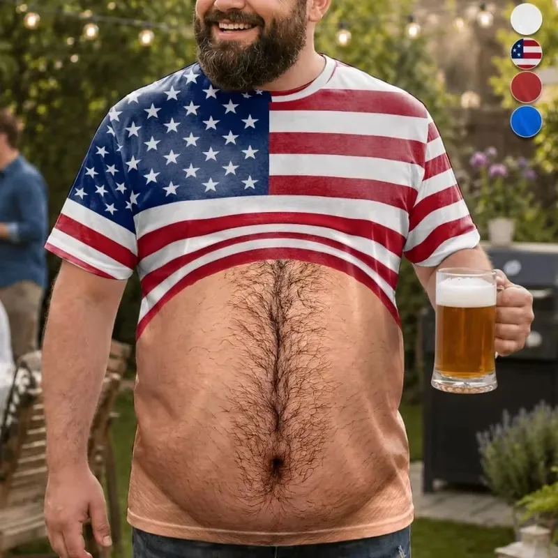 2026NewFunny Fake Hairy Beer Belly American Flag 3D Print T-Shirt Men 4th July BBQ Party Novelty Tee