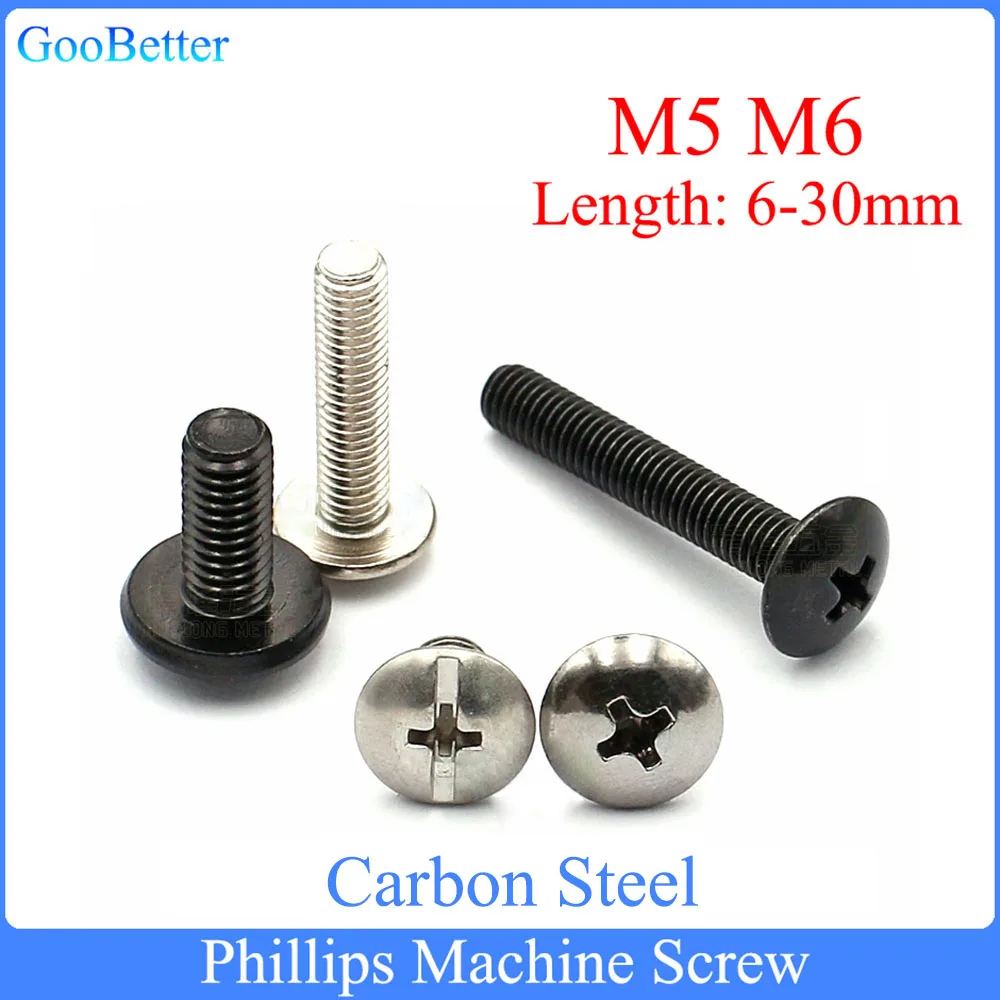 

100Pcs/lots Phillips Machine Screw M5 M6 Carbon Steel Mushroom-shaped Head Large Round Cross Recessed Bolt Length=6-30mm