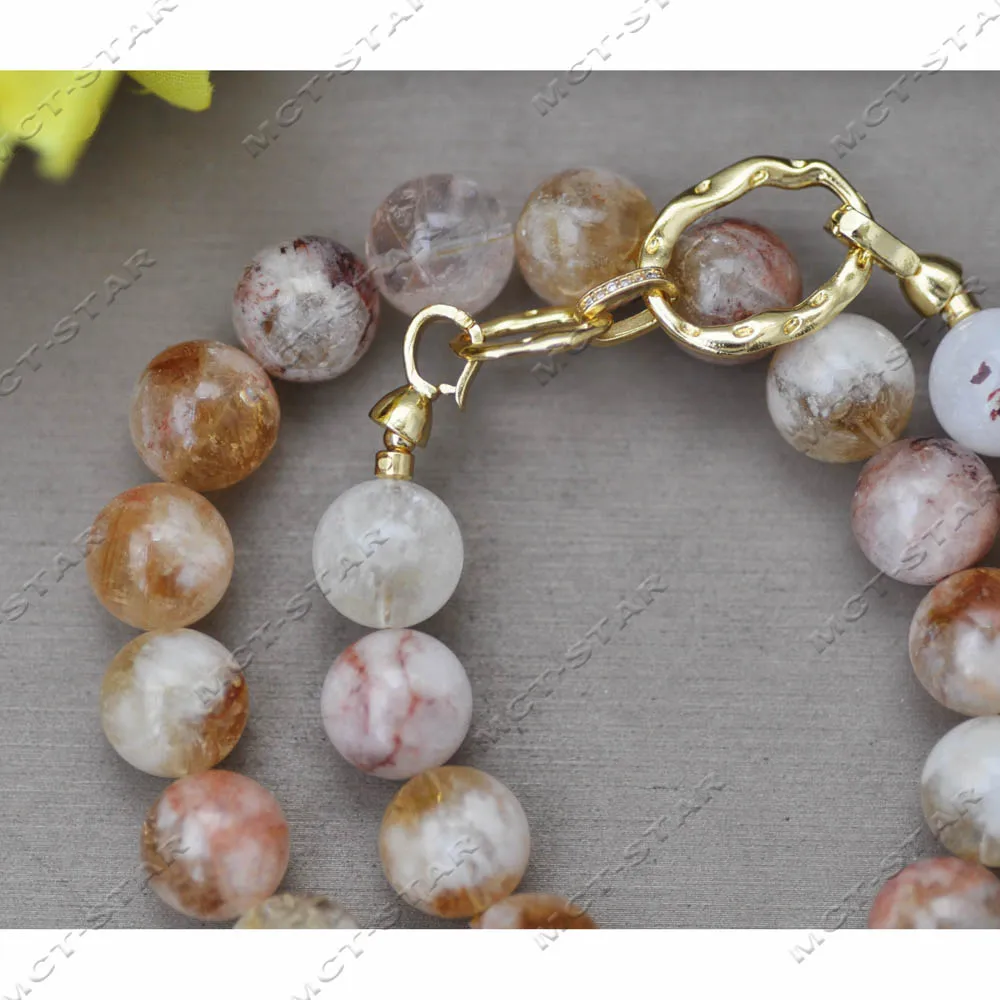 

MTC·STAR Natural 17" 12mm Round Pink Yellow Crystal Topaz Asbestos Wool Bead Necklace Custom Jewelry （Z13958 ）