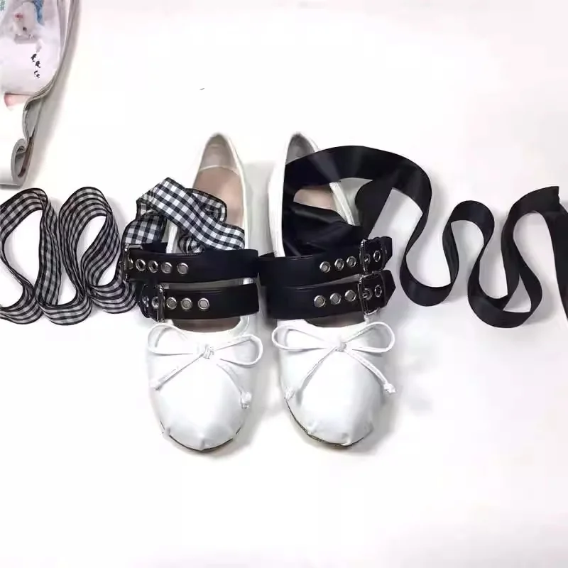 

Women Ballet Shoes Height-Increasing Insoles Mary Jane Shoes Round Toe Black Beige Buckle Strap Ribbon Bow Lace Up Single Shoes