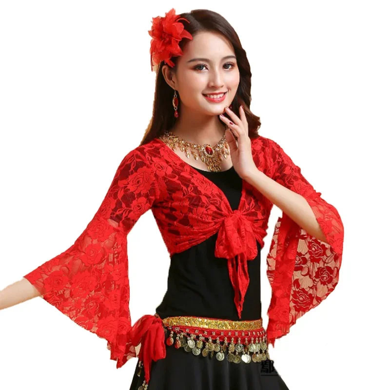 

Женский кружевной расклешенный кардиган с длинными рукавами, шаль, топ для танца живота, короткий кардиган на шнуровке, гимнастическая накидка, накидка на плечах