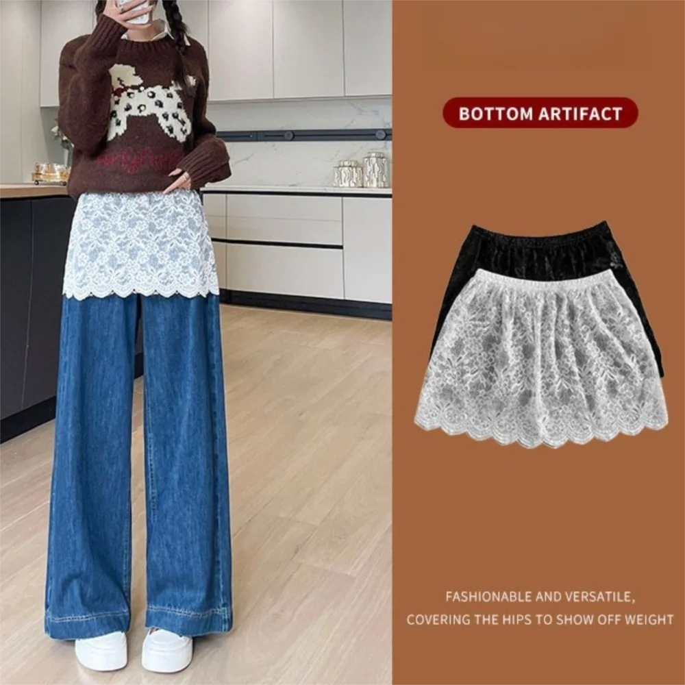 

Trendy Lace Trim Fart Curtain for Women Pretty Flower Embroidery Mini Skirt Versatile Y2K Hip Curtain Trousers Decoration