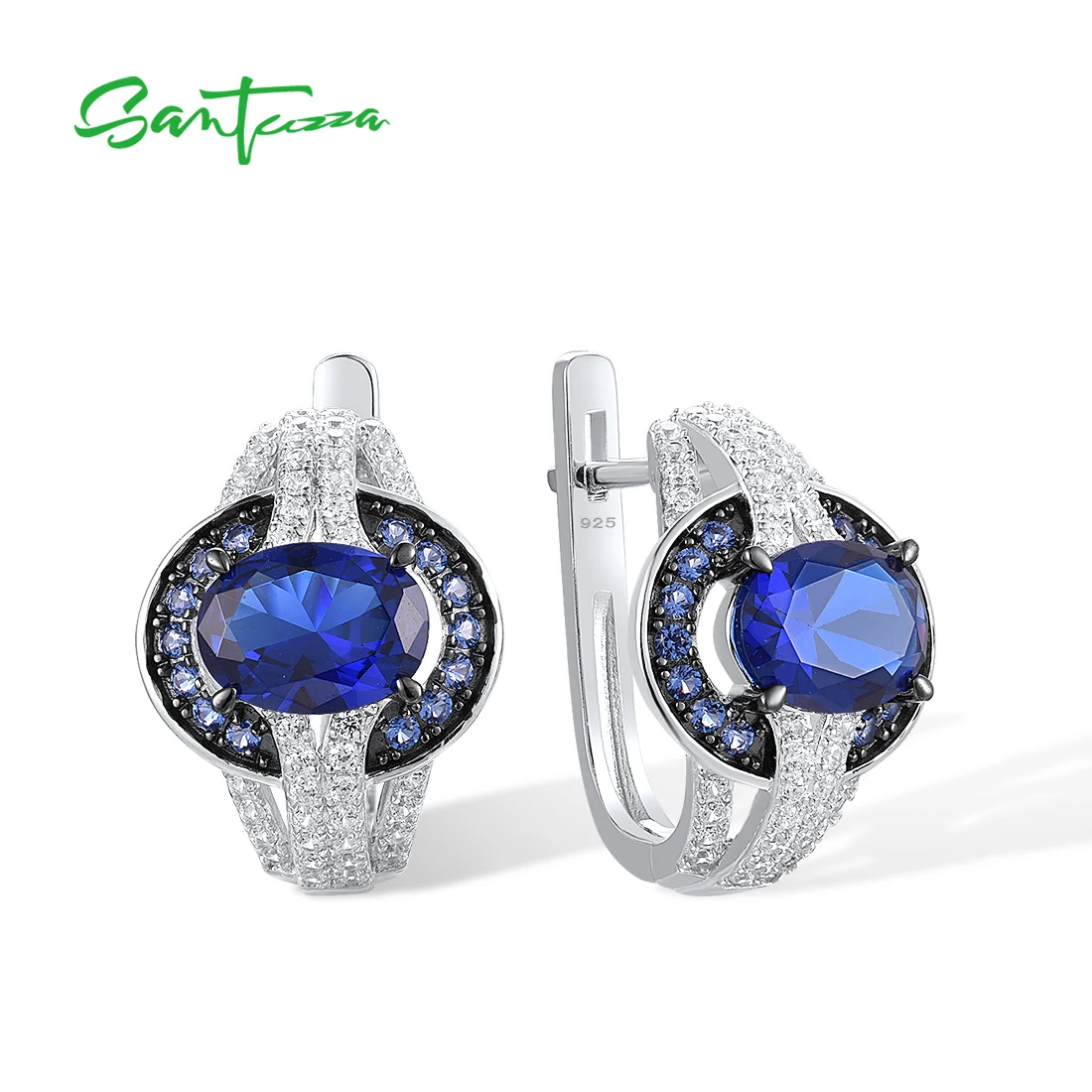 SANTUZZA Genuine 925 Sterling Silver Earrings For Women Sparkling  Blue White Cubic Zirconia Earrings Gorgeous Fine Jewelry